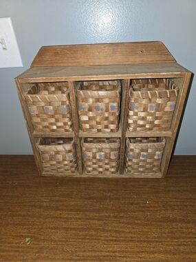 Vintage Wooden Wall Shelf with 6 wicker baskets